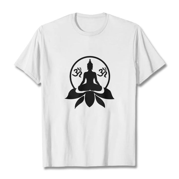 Buddha Stones OM Symbol Sanskrit Mantras Buddha Seated On Lotus Flower Design Tee T-shirt - White - 2XL - image 3
