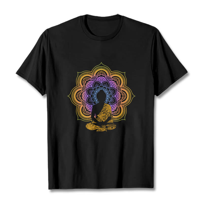 Buddha Stones Multicolor Mandala Flower Seated Buddha Pattern Tee T-shirt - Black - 2XL - image 0