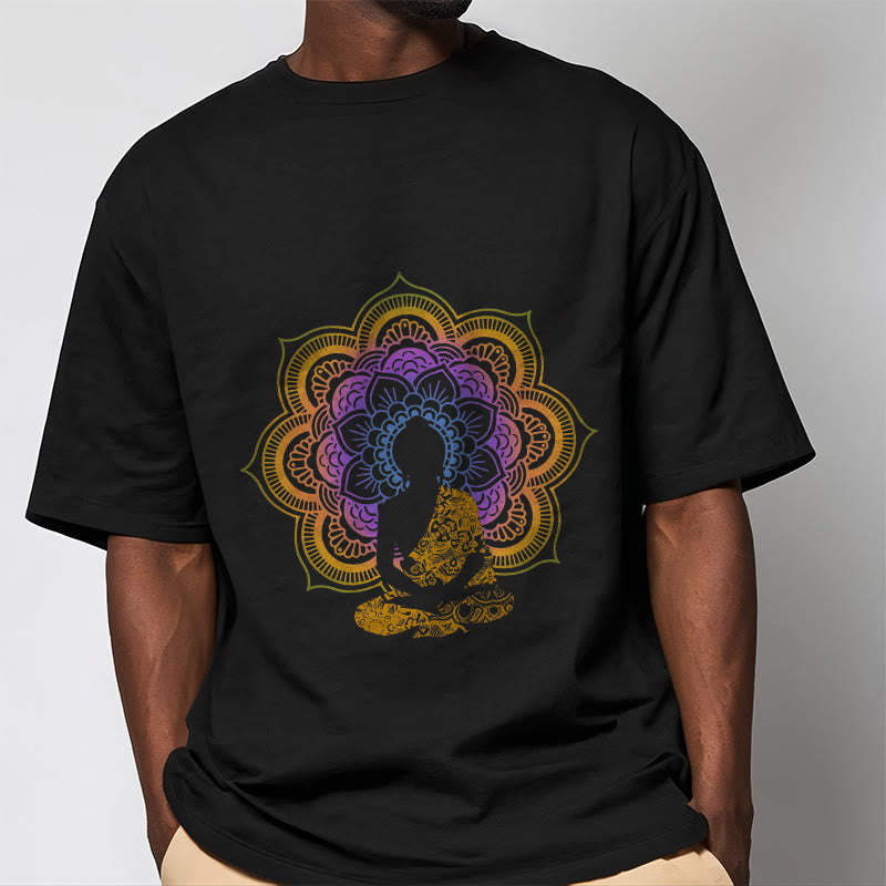 Buddha Stones Multicolor Mandala Flower Seated Buddha Pattern Tee T-shirt - image 1