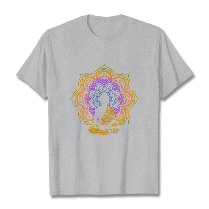 Buddha Stones Multicolor Mandala Flower Seated Buddha Pattern Tee T-shirt - LightGrey - 2XL - image 19