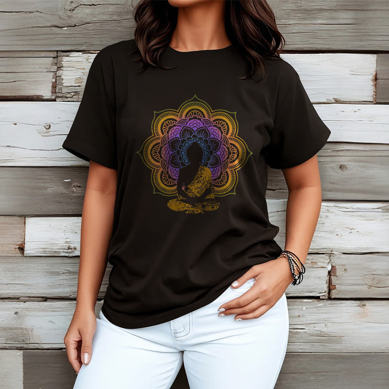 Buddha Stones Multicolor Mandala Flower Seated Buddha Pattern Tee T-shirt - image 3