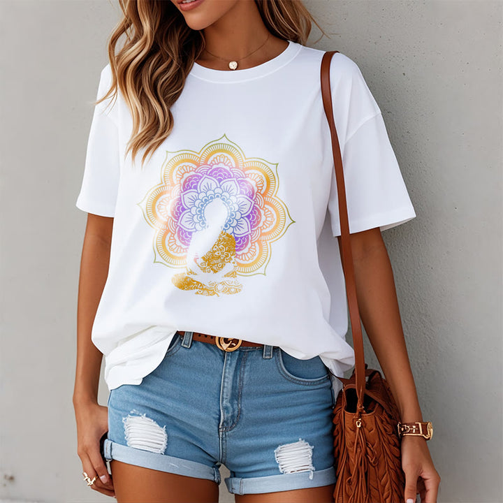 Buddha Stones Multicolor Mandala Flower Seated Buddha Pattern Tee T-shirt - image 7