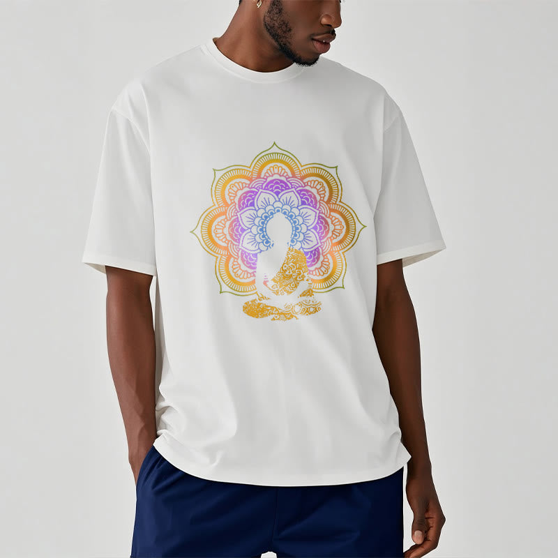 Buddha Stones Multicolor Mandala Flower Seated Buddha Pattern Tee T-shirt - image 6