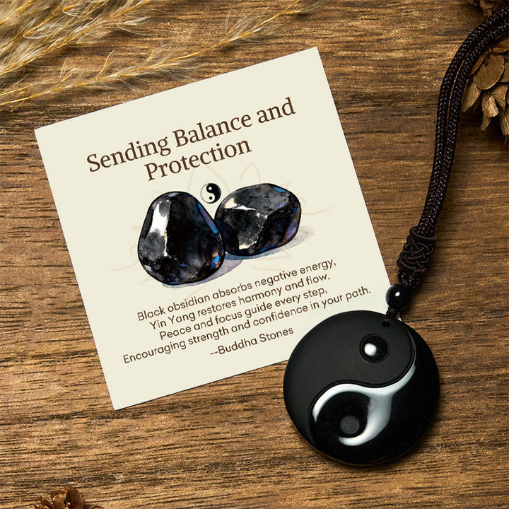 Buddha Stones "Sending Balance and Protection" Obsidian Yin Yang Necklace Includes Gift Message Card - Yin Yang - Standard Gift Box - image 0