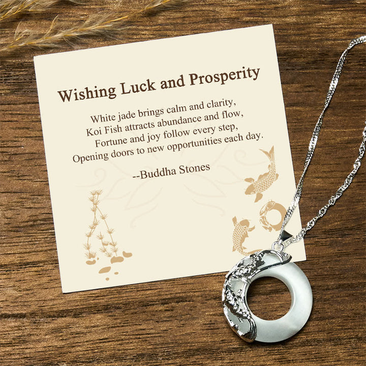 Buddha Stones "Wishing Luck and Prosperity" White Jade Koi Fish Necklace Includes Gift Message Card - Koi Fish - Standard Gift Box - image 0