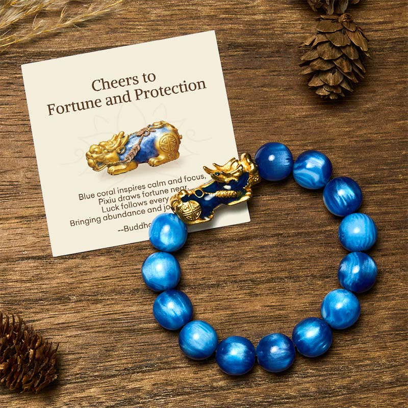 Buddha Stones "Cheers to Fortune and Protection" PiXiu Bracelet Includes Gift Message Card - 12mm Blue Sea Willow(Wrist Circumference 17-18cm) - Standard Gift Box - image 0
