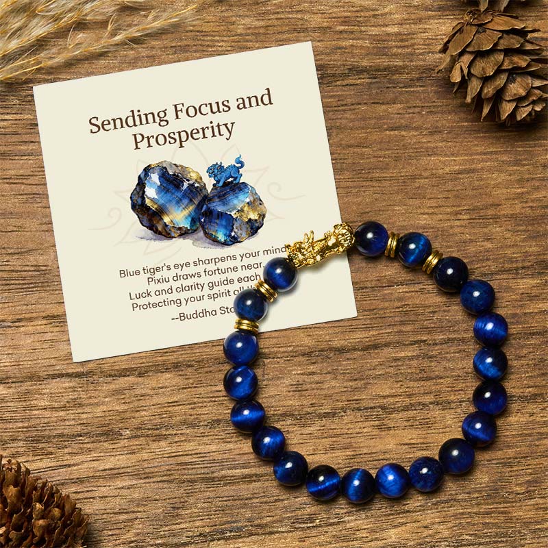 Buddha Stones "Sending Focus and Prosperity" Tiger Eye Pixiu Bracelet Includes Gift Message Card - Blue Tiger Eye(Wrist Circumference: 15-17cm) - Standard Gift Box - image 0