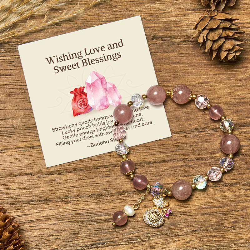 Buddha Stones "Wishing Love and Sweet Blessings"Strawberry Quartz Bracelet Includes Gift Message Card - Strawberry Quartz(Love♥Healing) - Standard Gift Box - image 0