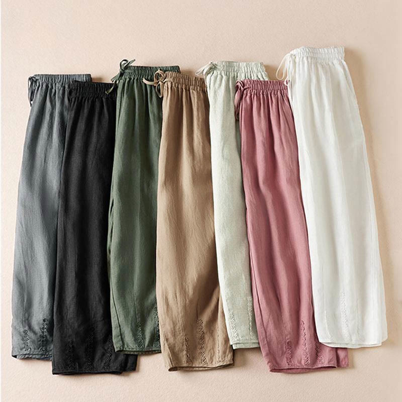 Buddha Stones Summer Small Flower Embroidery Harem Pants With Pockets - image 1