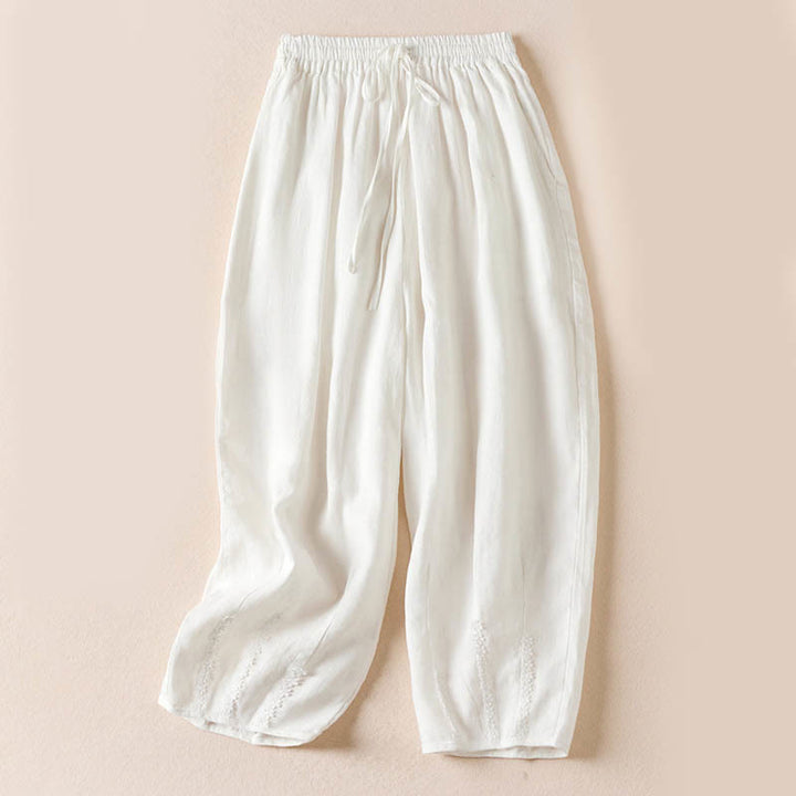 Buddha Stones Summer Small Flower Embroidery Harem Pants With Pockets - White - US8-10，UK/AU12-14，EU40-42 (2XL) - image 17