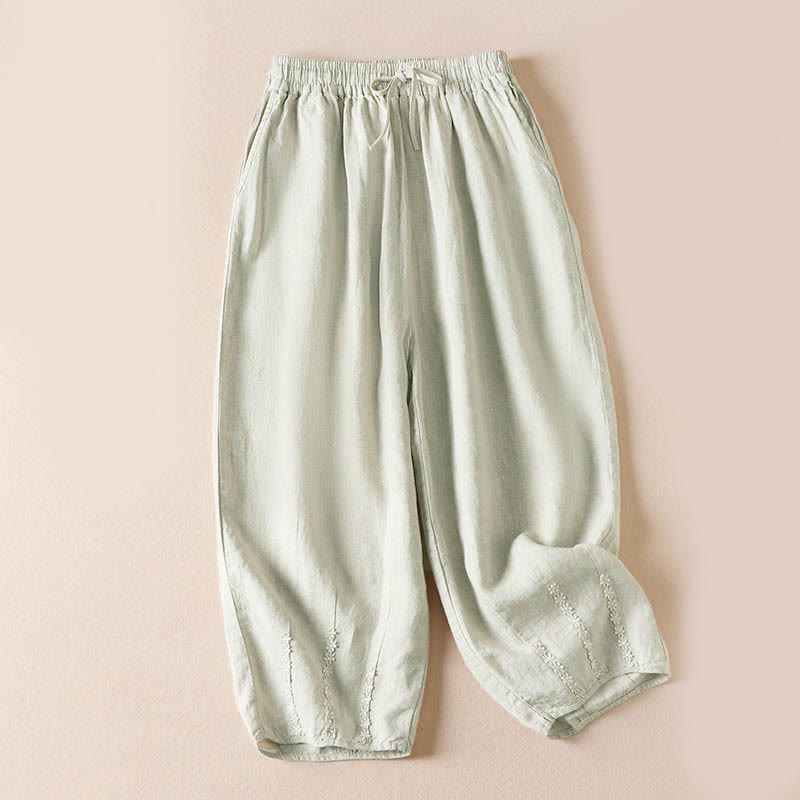 Buddha Stones Summer Small Flower Embroidery Harem Pants With Pockets - Linen - US8-10，UK/AU12-14，EU40-42 (2XL) - image 23