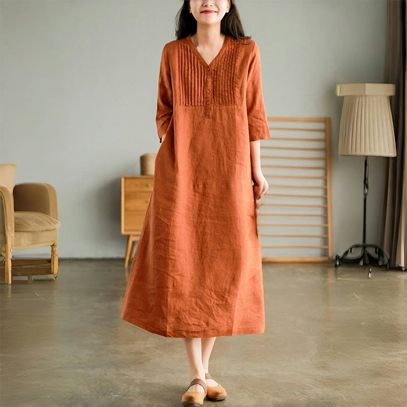Buddha Stones Casual Plain Accordion Pleats V-neck Half Sleeve Design Midi Dress With Pockets - Coral - US12，UK/AU16，EU44 (3XL) - image 6