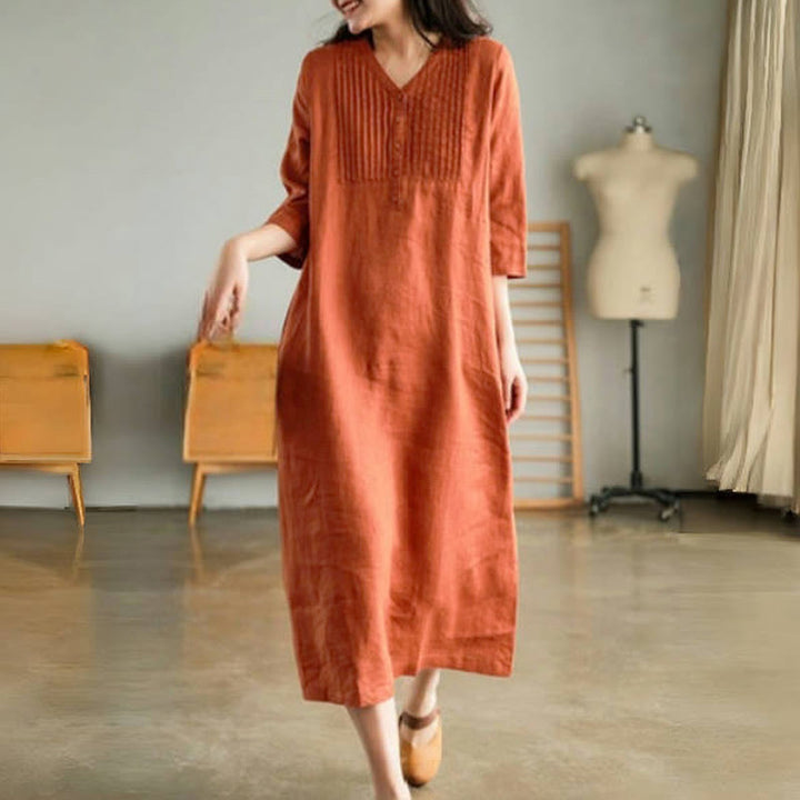 Buddha Stones Casual Plain Accordion Pleats V-neck Half Sleeve Design Midi Dress With Pockets - image 8
