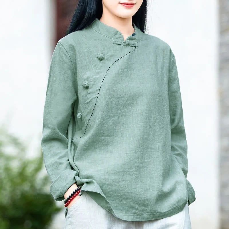 Buddha Stones Oblique Collar Knot button Loose Linen Clothing - PaleTurquoise - US12，UK/AU16，EU44 (4XL) - image 0