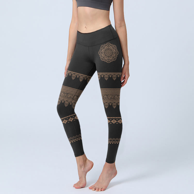 Buddha Stones Mandala Floral Leaf Pattern Gym Leggings Women's Yoga Pants - Black - US18，UK/AU22，EU50 (4XL) - image 0