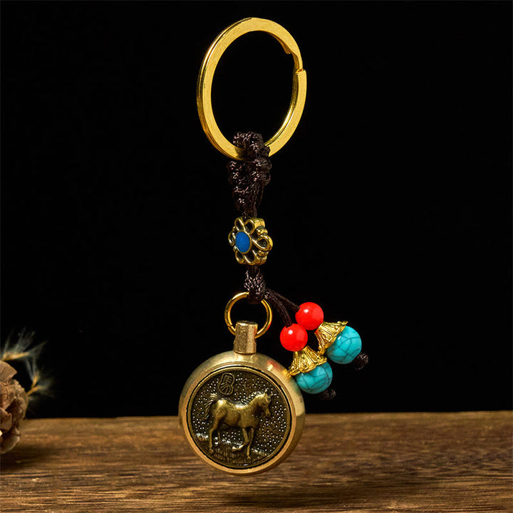Buddha Stones Year of the Horse Bringing in Wealth and Treasure Brass Key Chain - image 1