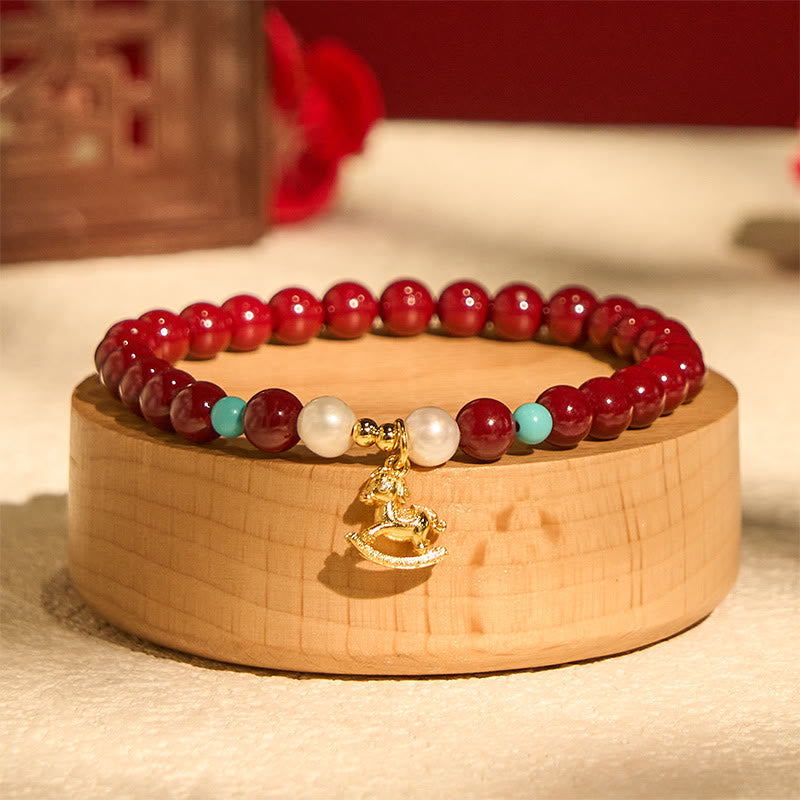 Buddha Stones Year of the Horse Natural Cinnabar Pearl Blessing Bracelet - Cinnabar(Wrist Circumference 14-16cm) - image 0