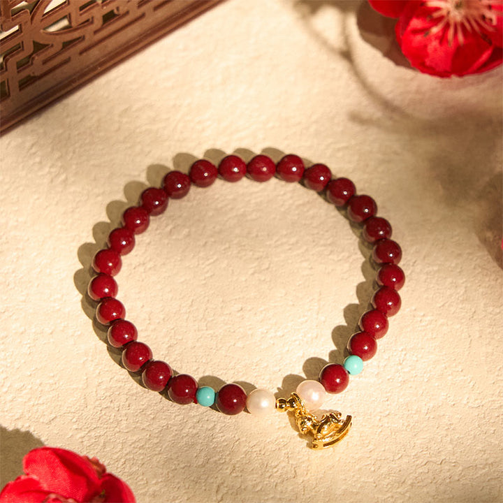 Buddha Stones Year of the Horse Natural Cinnabar Pearl Blessing Bracelet - image 1