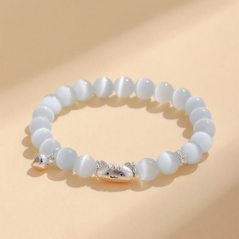 Buddha Stones 999 Sterling Silver Natural Cat Head White Cat's Eye White Agate Positive Bracelet - White Cat's Eye(Wrist Circumference:13-15cm) - image 0