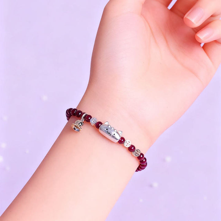 Buddha Stones 999 Sterling Silver Natural Cute Cat Head Garnet Protection Bead Bracelet - image 5