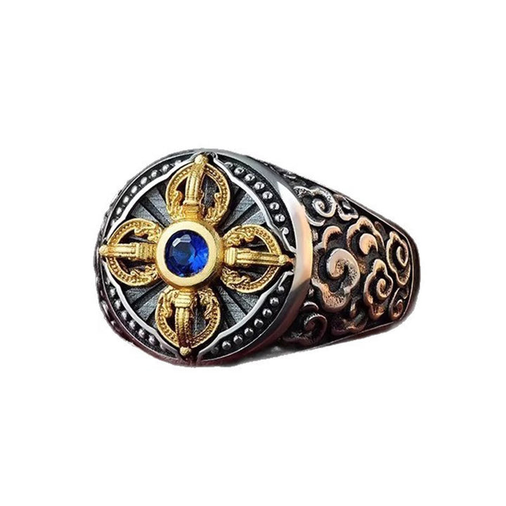 Buddha Stones Tibetan Cross Design Vajra Auspicious Clouds Pattern Copper Adjustable Balance Ring - image 5