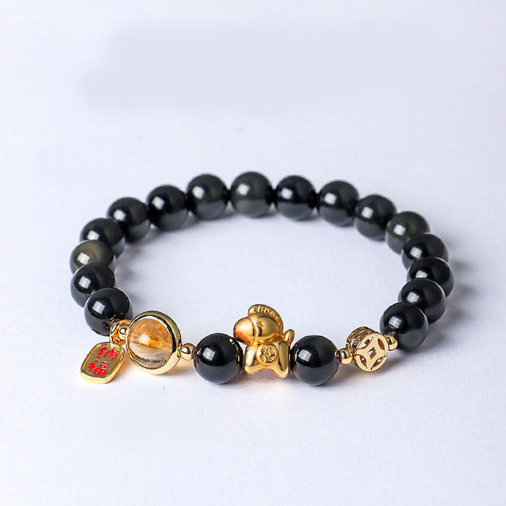 Buddha Stones Year Of The Horse Natural 8mm Black Obsidian Red Agate Pink Crystal Strength Bracelet - Black Obsidian(Wrist Circumference:13-15cm) - image 0