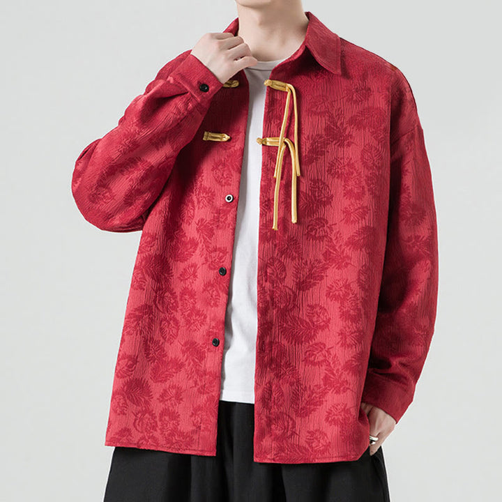 Buddha Stones Frog-Button Leaves Pattern Long Sleeve Men's Tang Suit Jacket - image 3