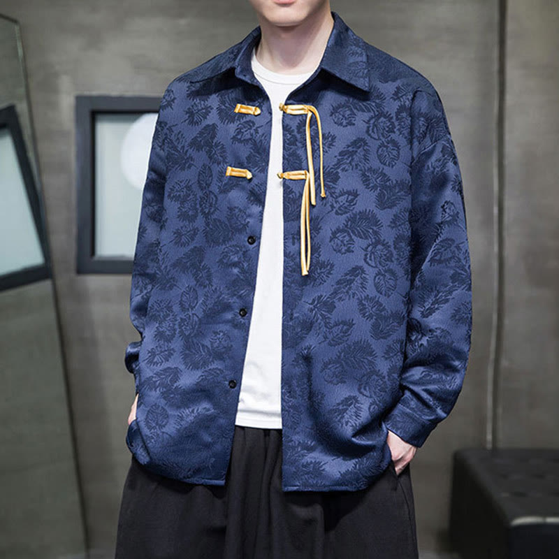 Buddha Stones Frog-Button Leaves Pattern Long Sleeve Men's Tang Suit Jacket - DarkBlue - US/UK/AU50，EU60 (5XL) - image 9