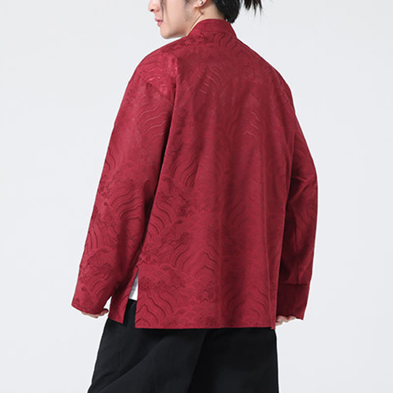 Buddha Stones Frog-Button Mountain Wave Pattern Long Sleeve Men's Cotton Jacket With Pockets - image 2
