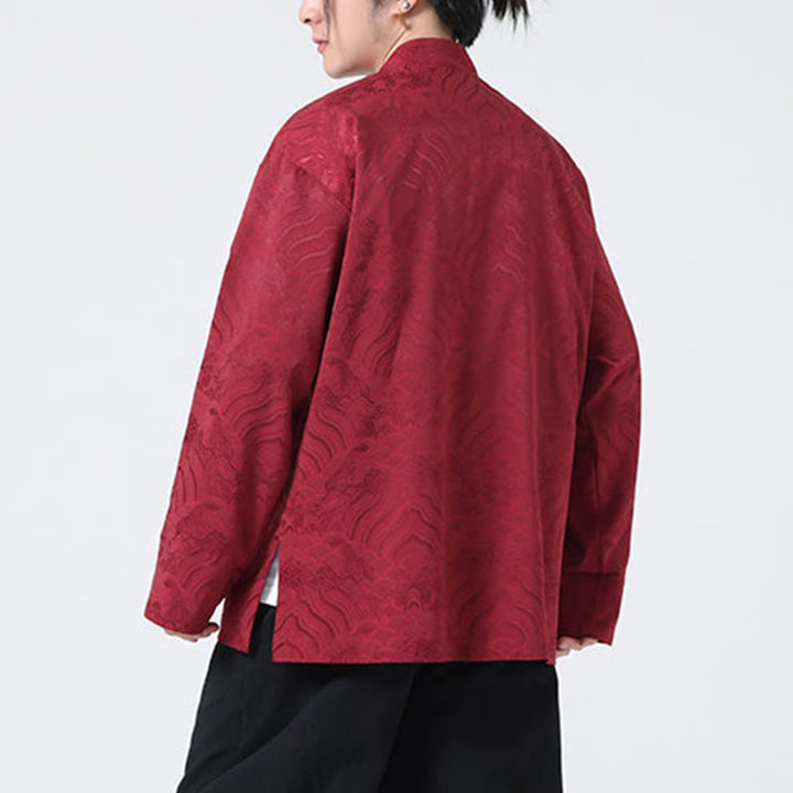 Buddha Stones Frog-Button Mountain Wave Pattern Long Sleeve Men's Cotton Jacket With Pockets - image 2