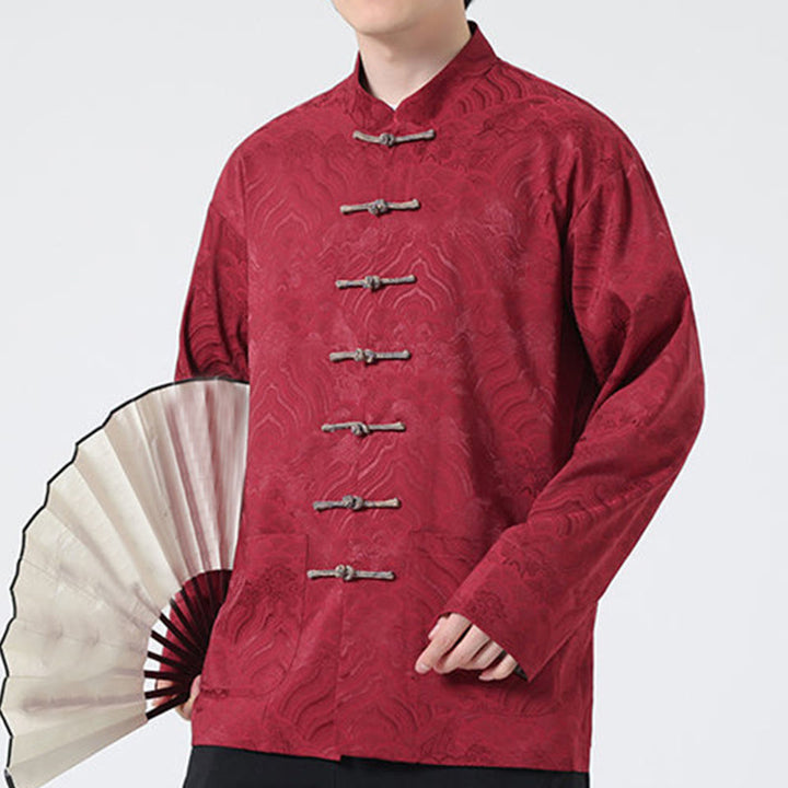 Buddha Stones Frog-Button Mountain Wave Pattern Long Sleeve Men's Cotton Jacket With Pockets - image 8