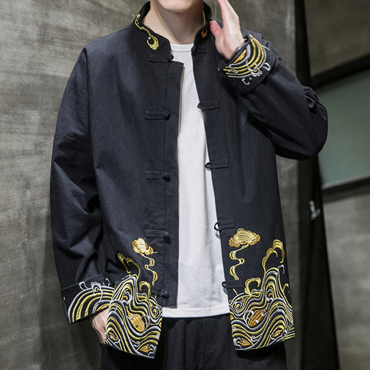 Buddha Stones Embroidered Clouds Frog-Button Long Sleeve Men's Cotton Tang Suit Jacket - image 16