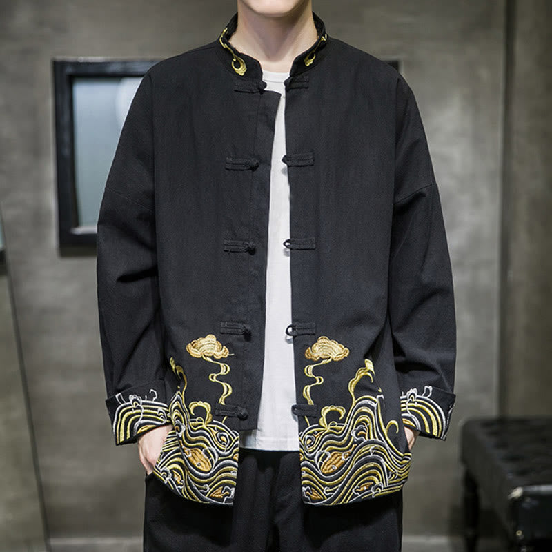 Buddha Stones Embroidered Clouds Frog-Button Long Sleeve Men's Cotton Tang Suit Jacket - image 11