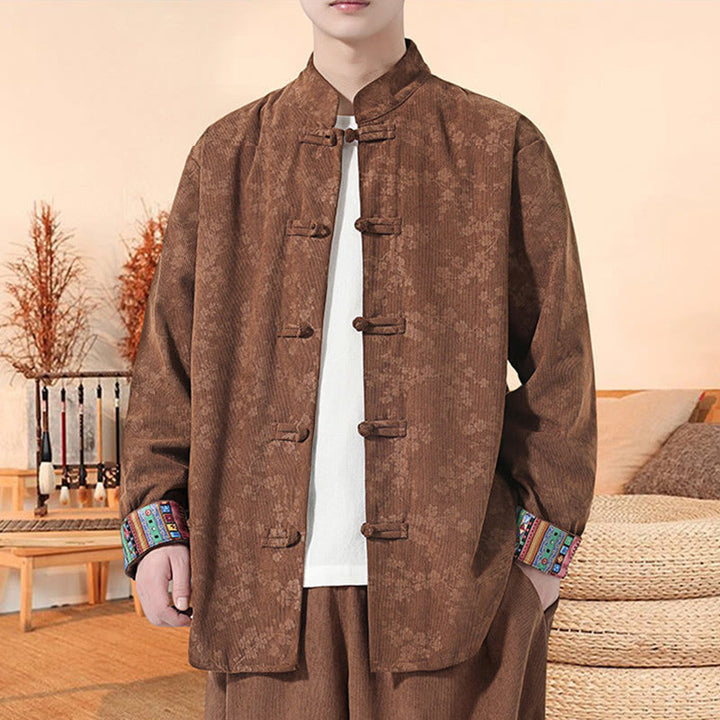 Buddha Stones Plain Plum Blossom Pattern Long Sleeve Men's Cotton Corduroy Tang Suit Jacket - Sienna - US/UK/AU46，EU56 (5XL) - image 14