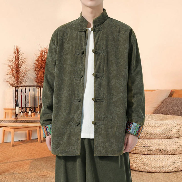 Buddha Stones Plain Plum Blossom Pattern Long Sleeve Men's Cotton Corduroy Tang Suit Jacket - image 1