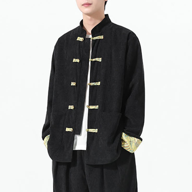 Buddha Stones Floral Design Long Sleeve Men's Cotton Corduroy Tang Suit Jacket With Pockets - image 8