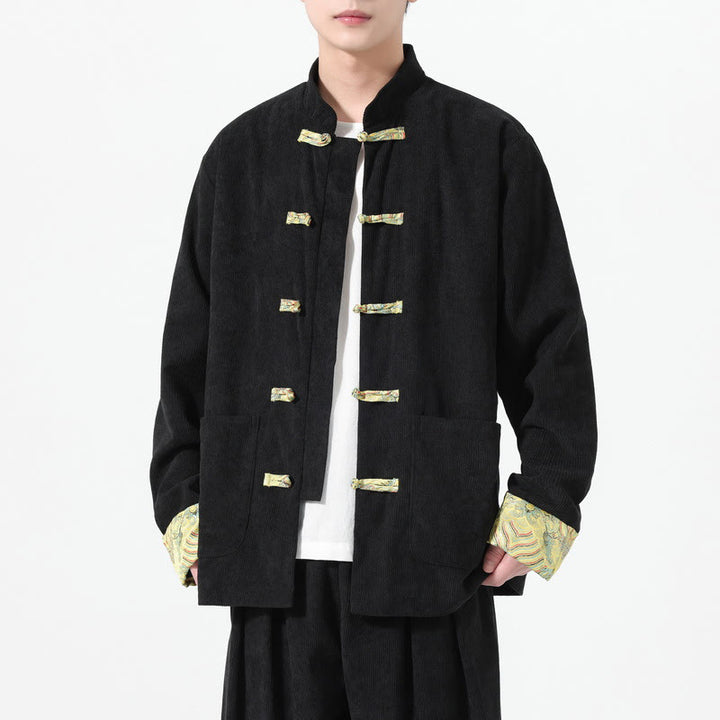 Buddha Stones Floral Design Long Sleeve Men's Cotton Corduroy Tang Suit Jacket With Pockets - Black - US/UK/AU46，EU56 (5XL) - image 6