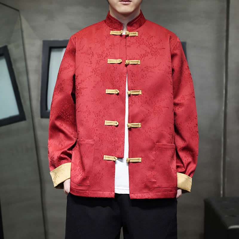 Buddha Stones Jacquard Stand Collar Long Sleeve Men's Cotton Jacket With Pockets - Crimson - US/UK/AU46，EU56 (5XL) - image 0