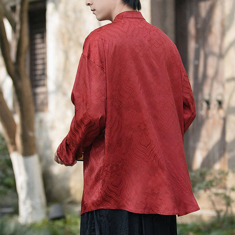 Buddha Stones Chinese Frog-Button Bamboo Shape Design Stand Collar Men's Long Sleeve Shirt - image 21