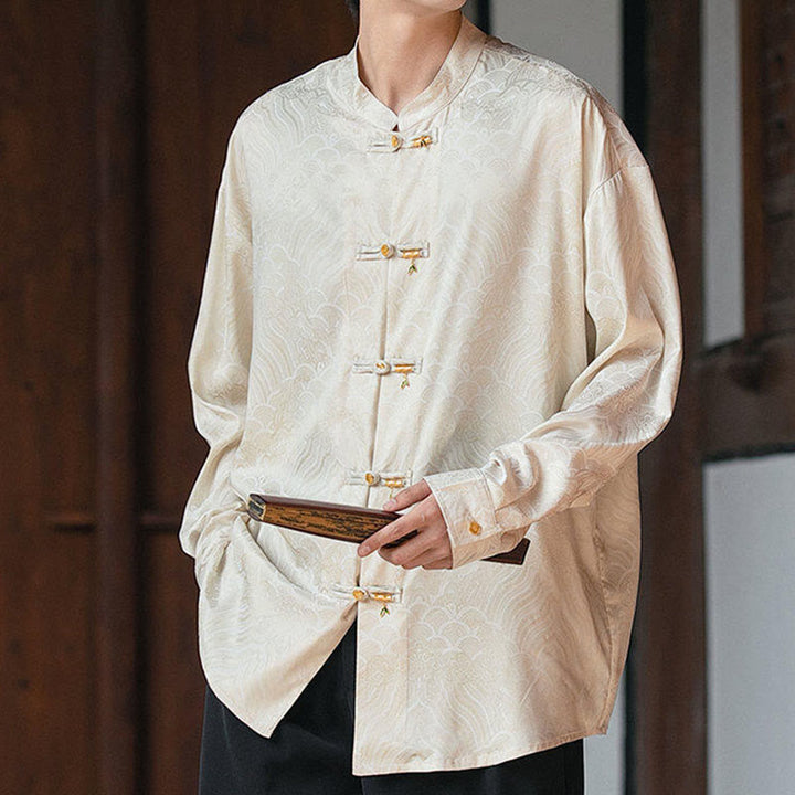 Buddha Stones Chinese Frog-Button Bamboo Shape Design Stand Collar Men's Long Sleeve Shirt - Beige - US/UK/AU46，EU56 (5XL) - image 0