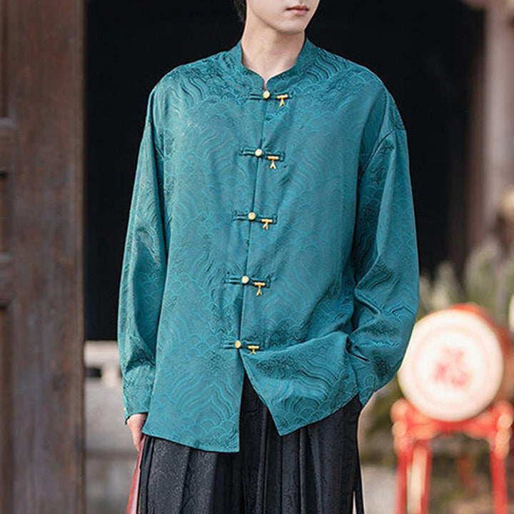 Buddha Stones Chinese Frog-Button Bamboo Shape Design Stand Collar Men's Long Sleeve Shirt - image 27