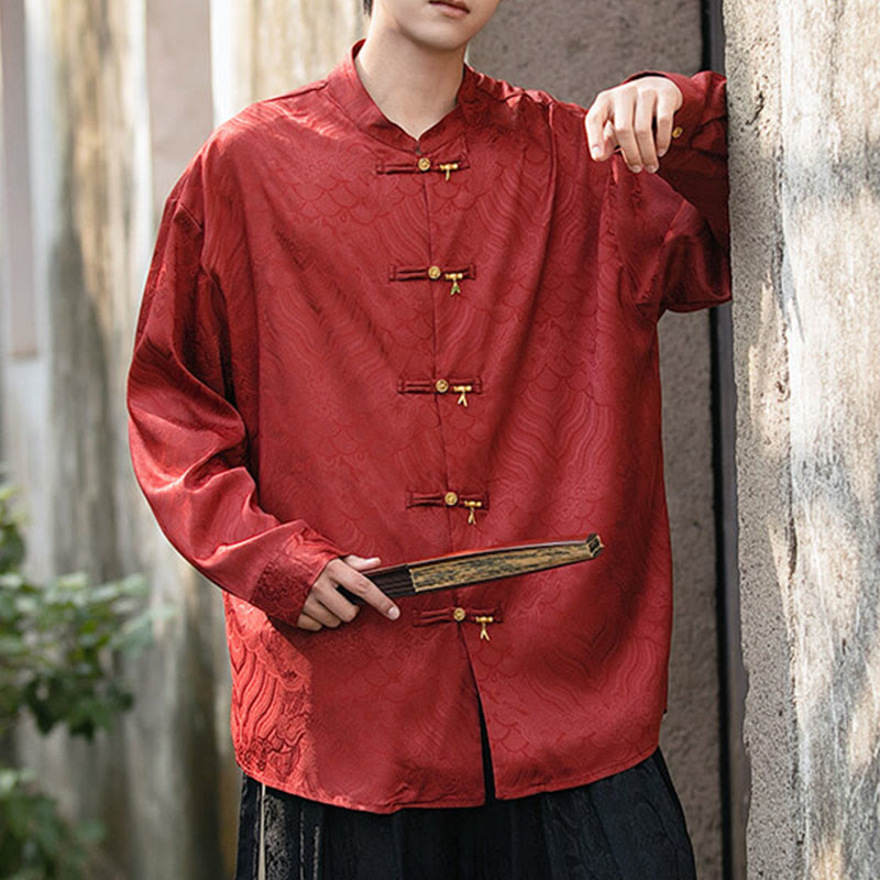 Buddha Stones Chinese Frog-Button Bamboo Shape Design Stand Collar Men's Long Sleeve Shirt - image 23