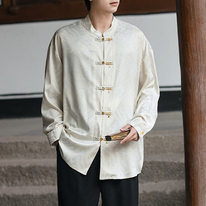 Buddha Stones Chinese Frog-Button Bamboo Shape Design Stand Collar Men's Long Sleeve Shirt - image 1
