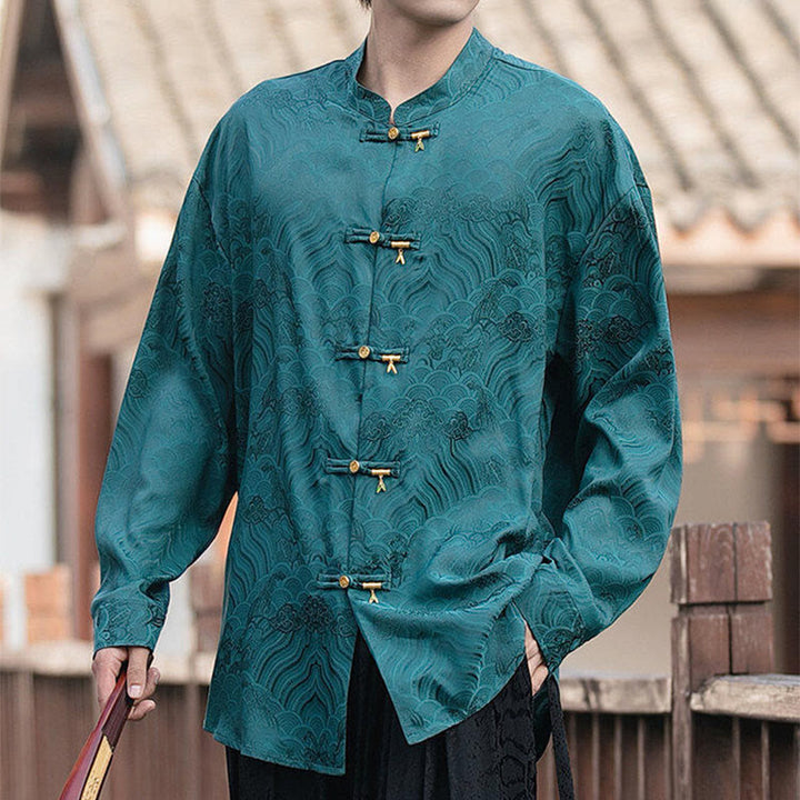 Buddha Stones Chinese Frog-Button Bamboo Shape Design Stand Collar Men's Long Sleeve Shirt - image 32