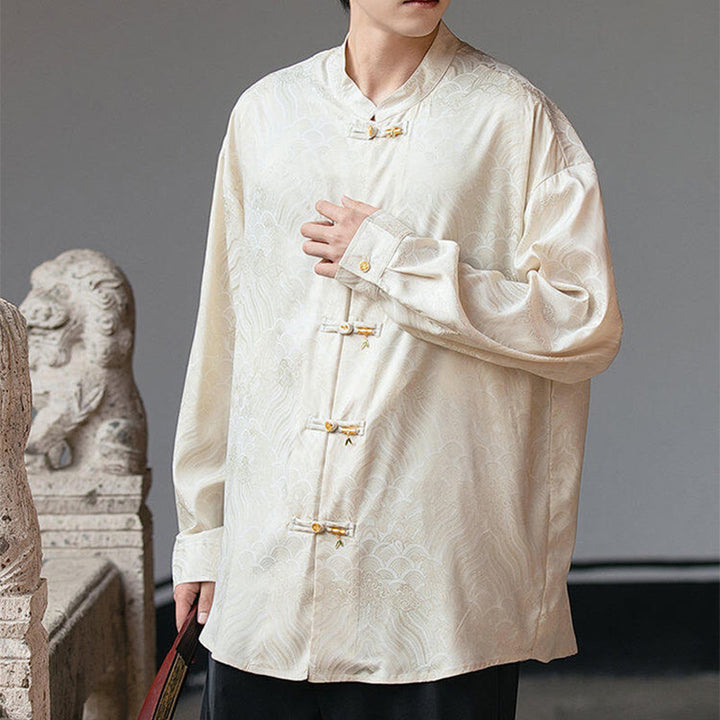 Buddha Stones Chinese Frog-Button Bamboo Shape Design Stand Collar Men's Long Sleeve Shirt - image 6
