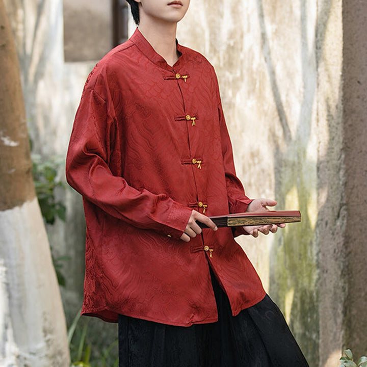 Buddha Stones Chinese Frog-Button Bamboo Shape Design Stand Collar Men's Long Sleeve Shirt - image 22