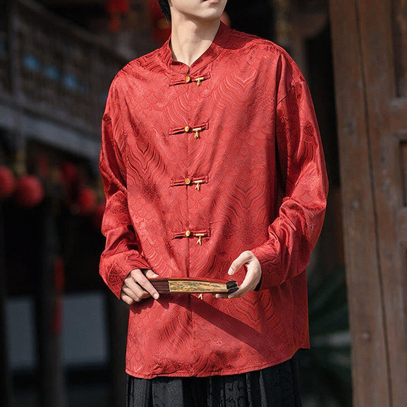 Buddha Stones Chinese Frog-Button Bamboo Shape Design Stand Collar Men's Long Sleeve Shirt - image 24