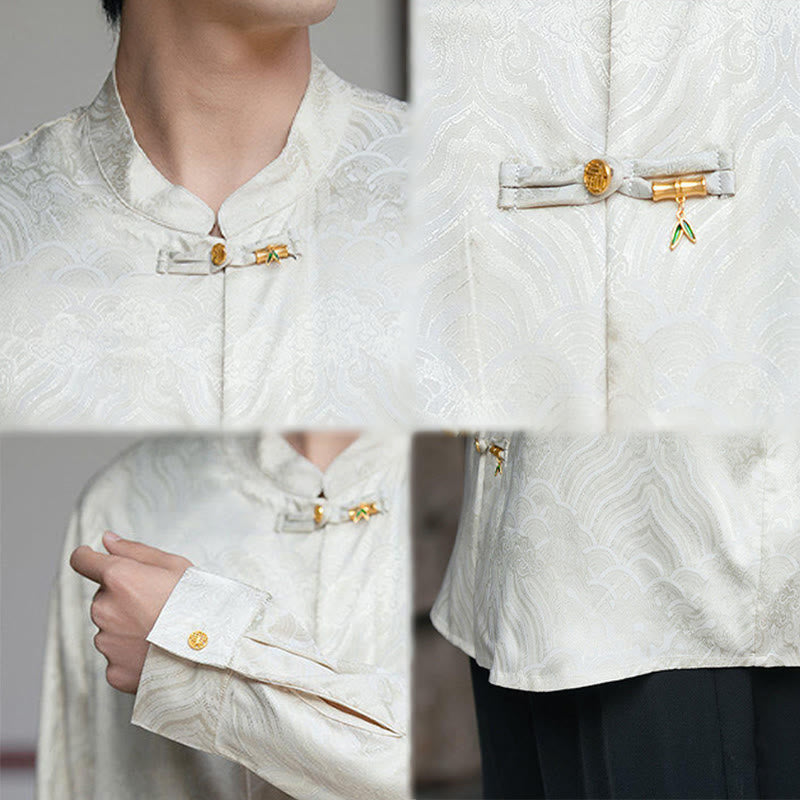 Buddha Stones Chinese Frog-Button Bamboo Shape Design Stand Collar Men's Long Sleeve Shirt - image 9