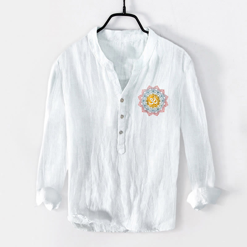 Buddha Stones Half Buttons Mandala Om Symbol Pattern Men's Cotton Linen Long Sleeve Shirt - image 1