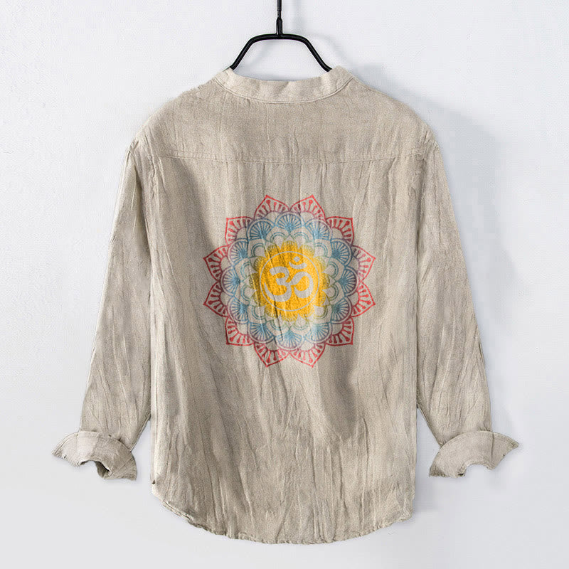 Buddha Stones Half Buttons Mandala Om Symbol Pattern Men's Cotton Linen Long Sleeve Shirt - image 5